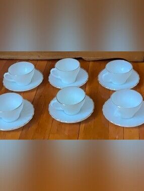 Fire King White Swirl Gold Trim Glass Coffee or Tea Cup and Saucer (Set Of 6)